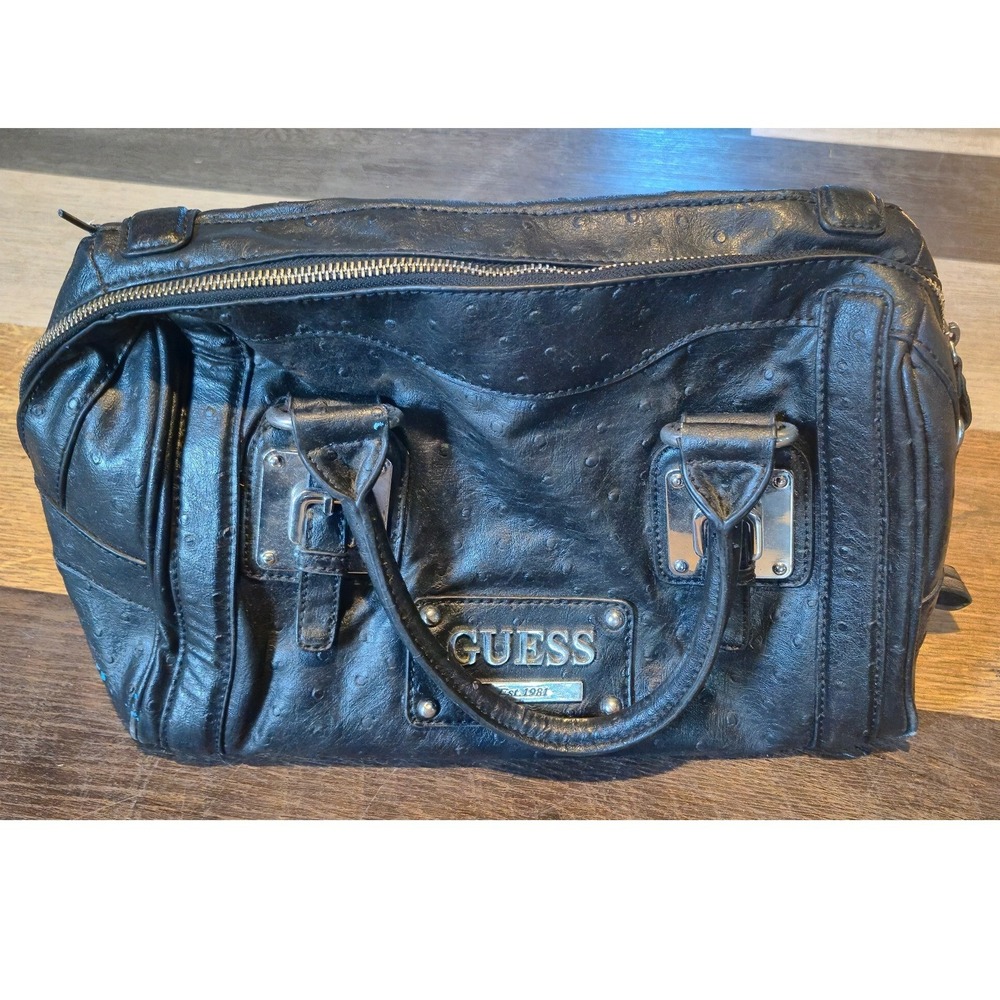 GUESS Black Ostrich Embossed Genuine Leather Satchel Handbag‎ Silver Hardware